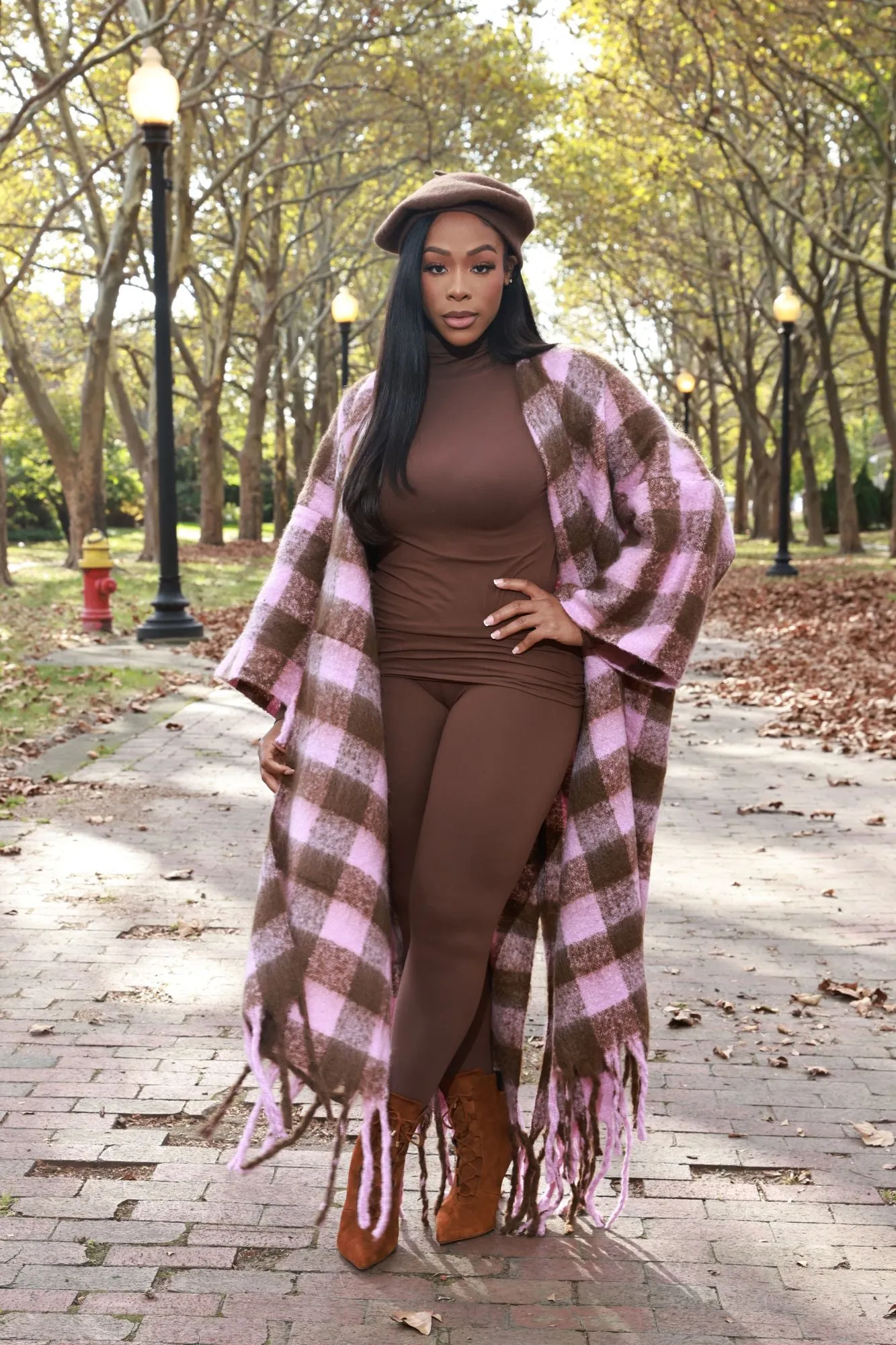 Warm Up To You Fringe Maxi Cardigan Sweater - Pink/Brown Checkered
