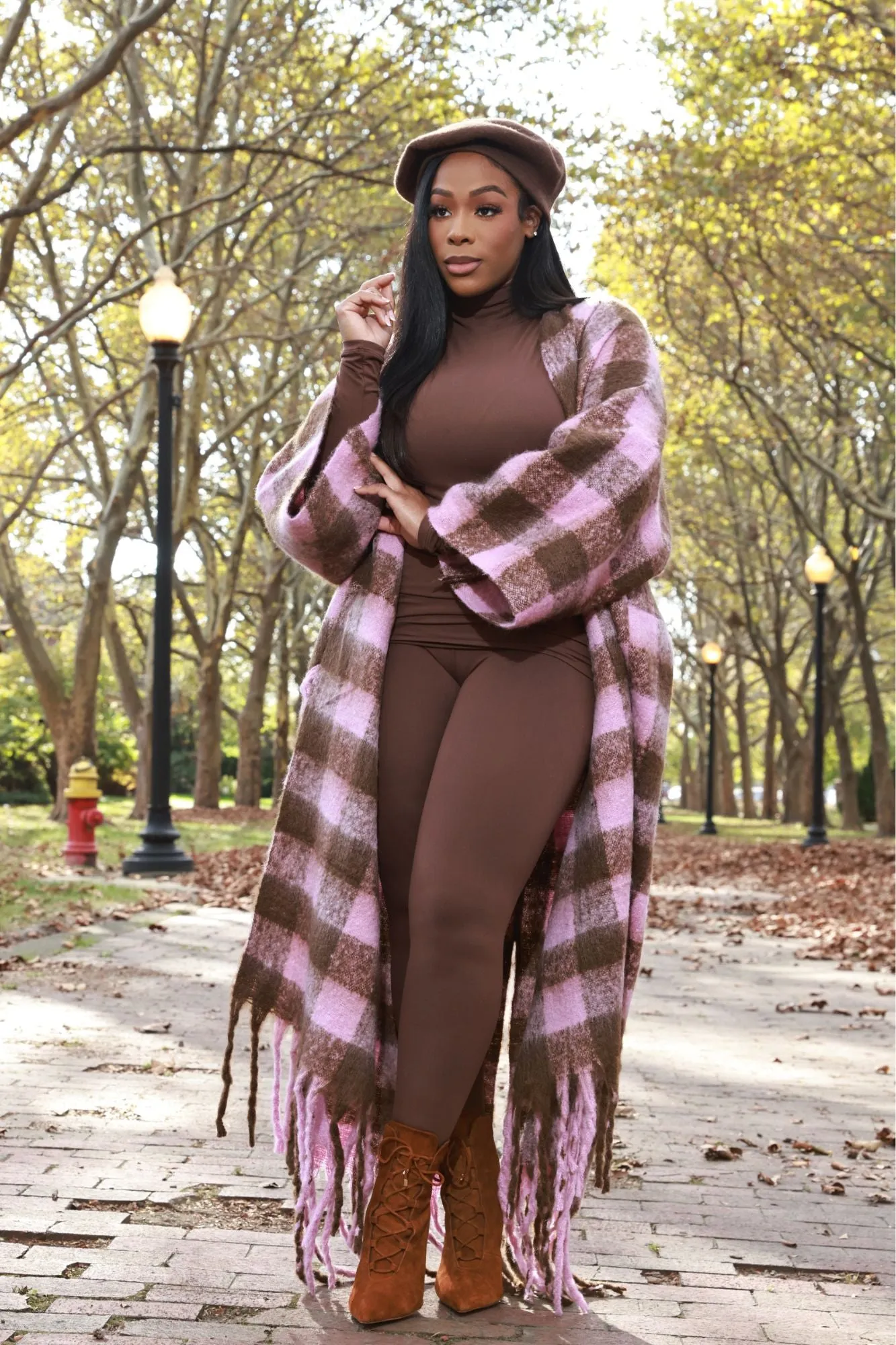 Warm Up To You Fringe Maxi Cardigan Sweater - Pink/Brown Checkered