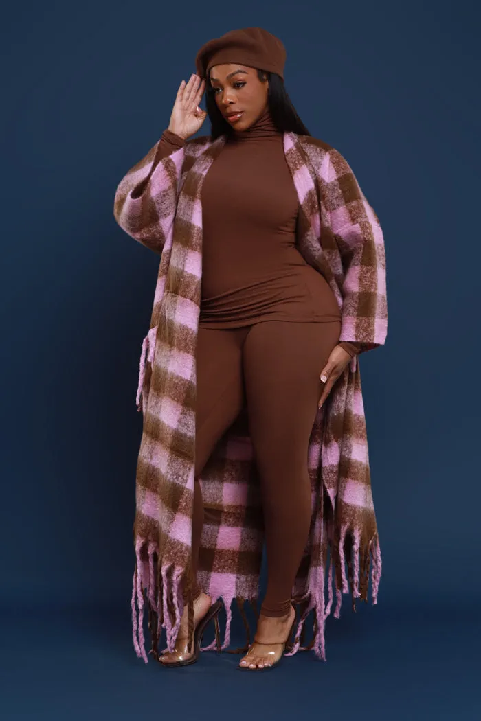 Warm Up To You Fringe Maxi Cardigan Sweater - Pink/Brown Checkered
