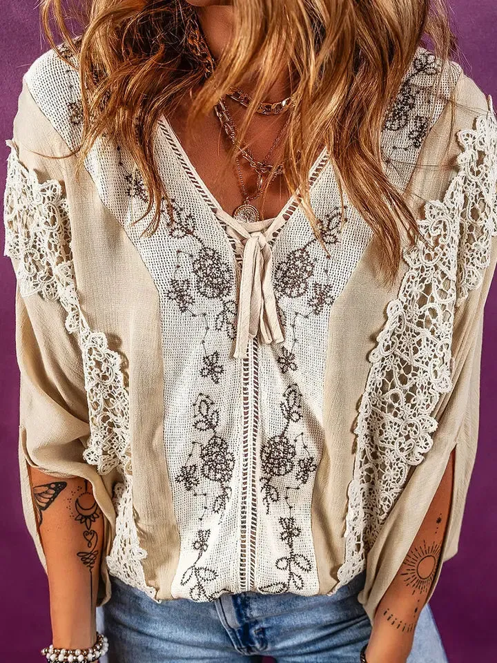 Women's Crochet Lace L/S Patchwork Blouse in Apricot